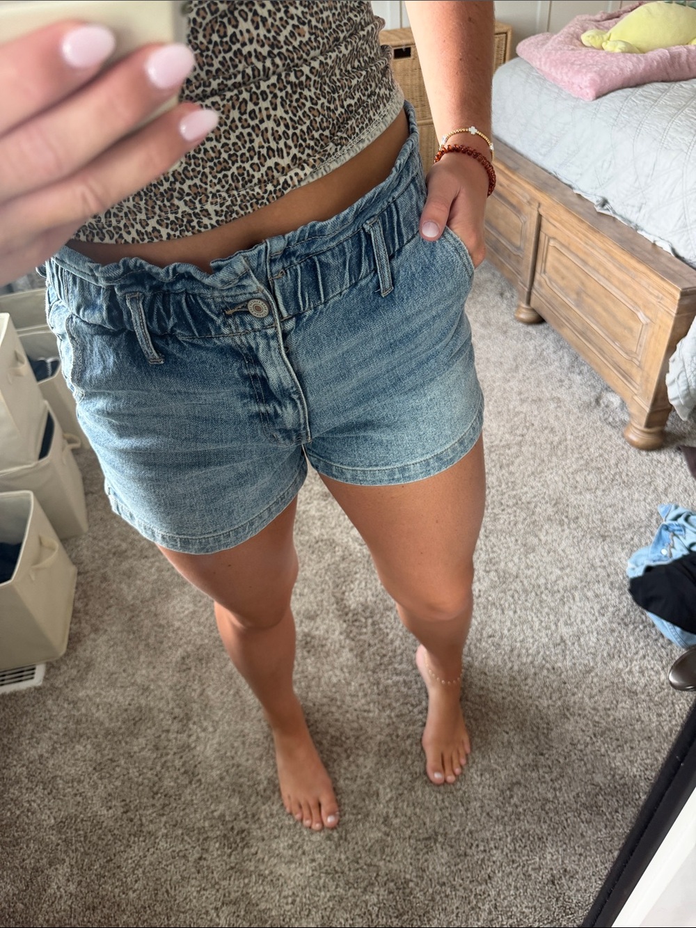 High-Rise Paperbag Denim Shorts - Light Blue